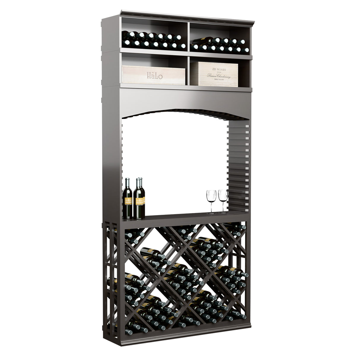 Dark gray lattice wine tasting station with archway, bottle racks, and two wine bottles