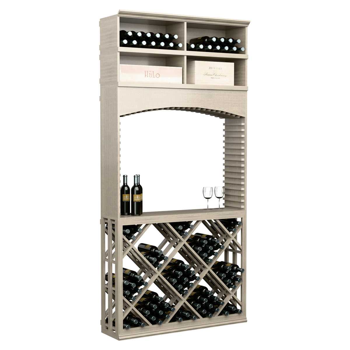 Wine tasting station with archway opening, lattice wine racks, top bottle display shelves