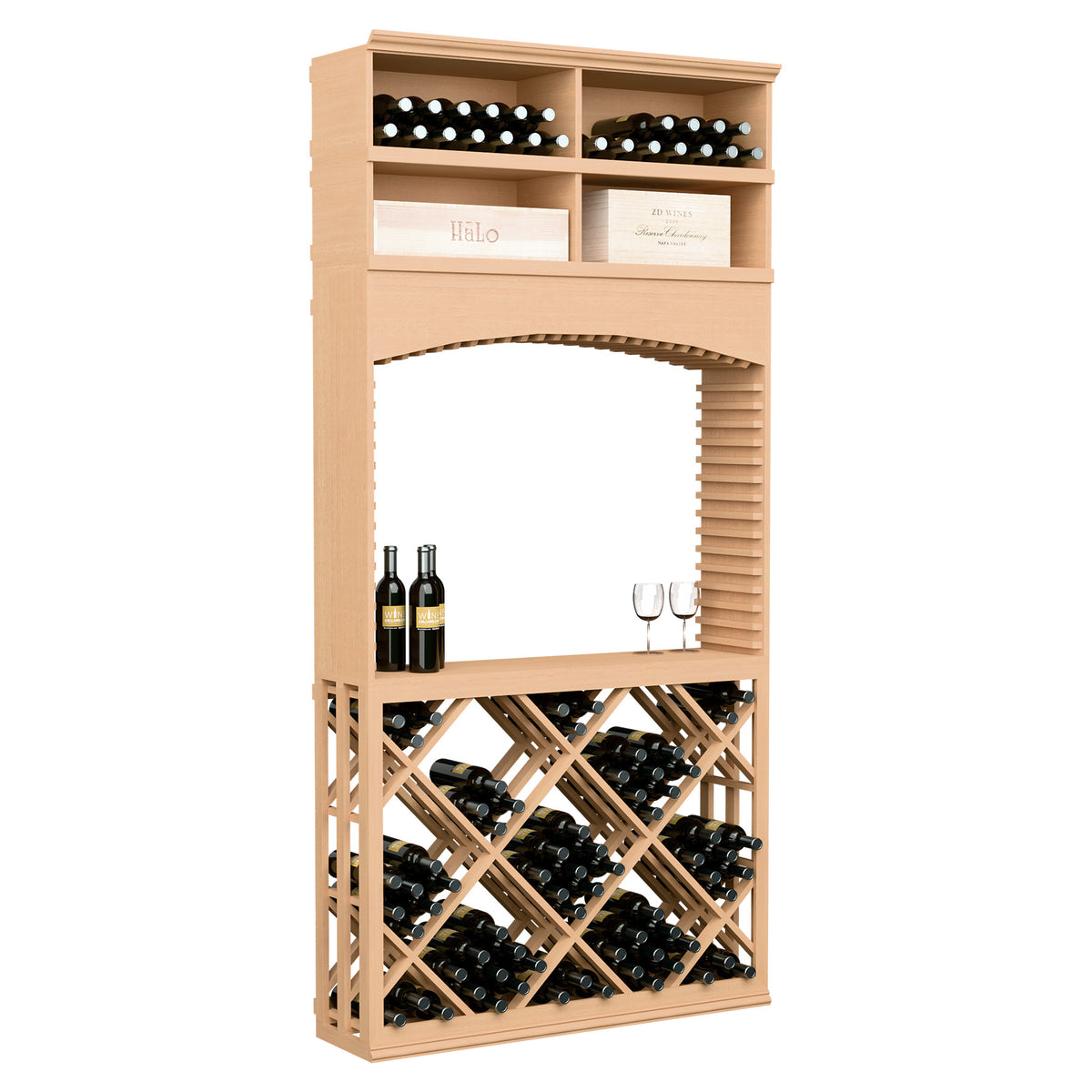 Wood wine tasting station with archway, diamond lattice wine storage and top bottle rows