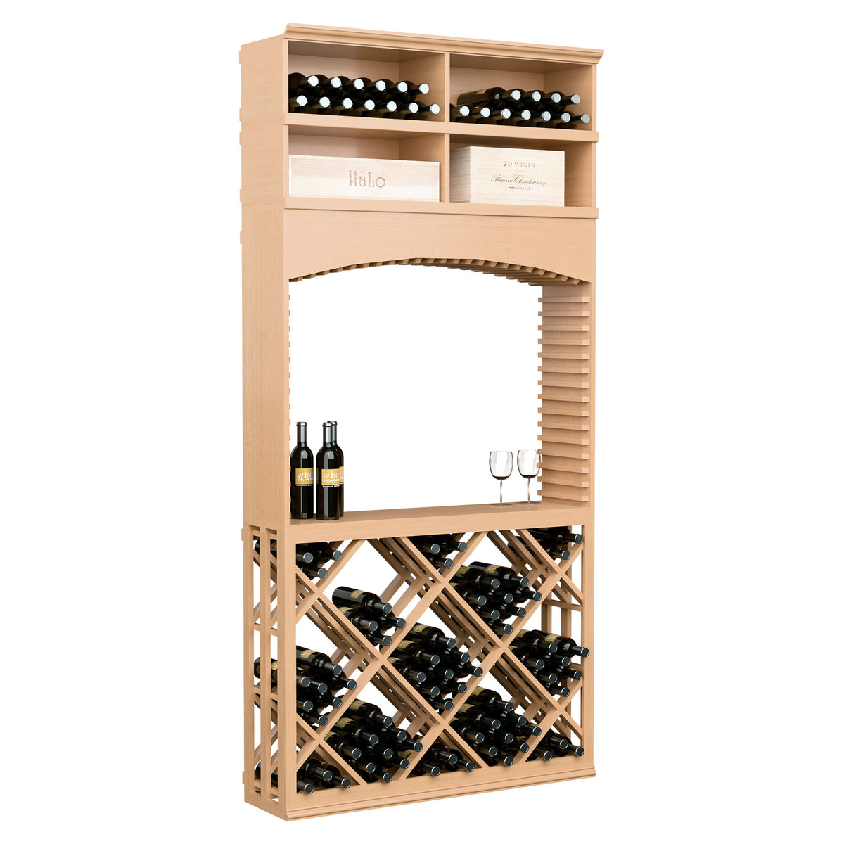 Wood wine tasting station with arched frame, diamond lattice wine racks and bottle shelves