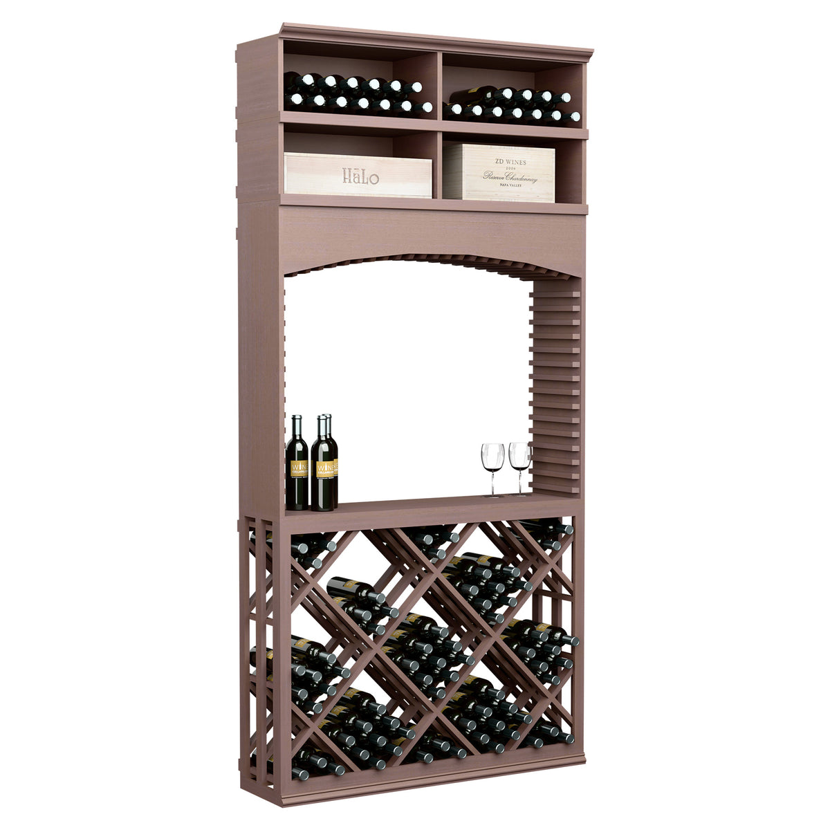 Wine tasting station with archway and diamond lattice wine rack, holds bottles and glasses