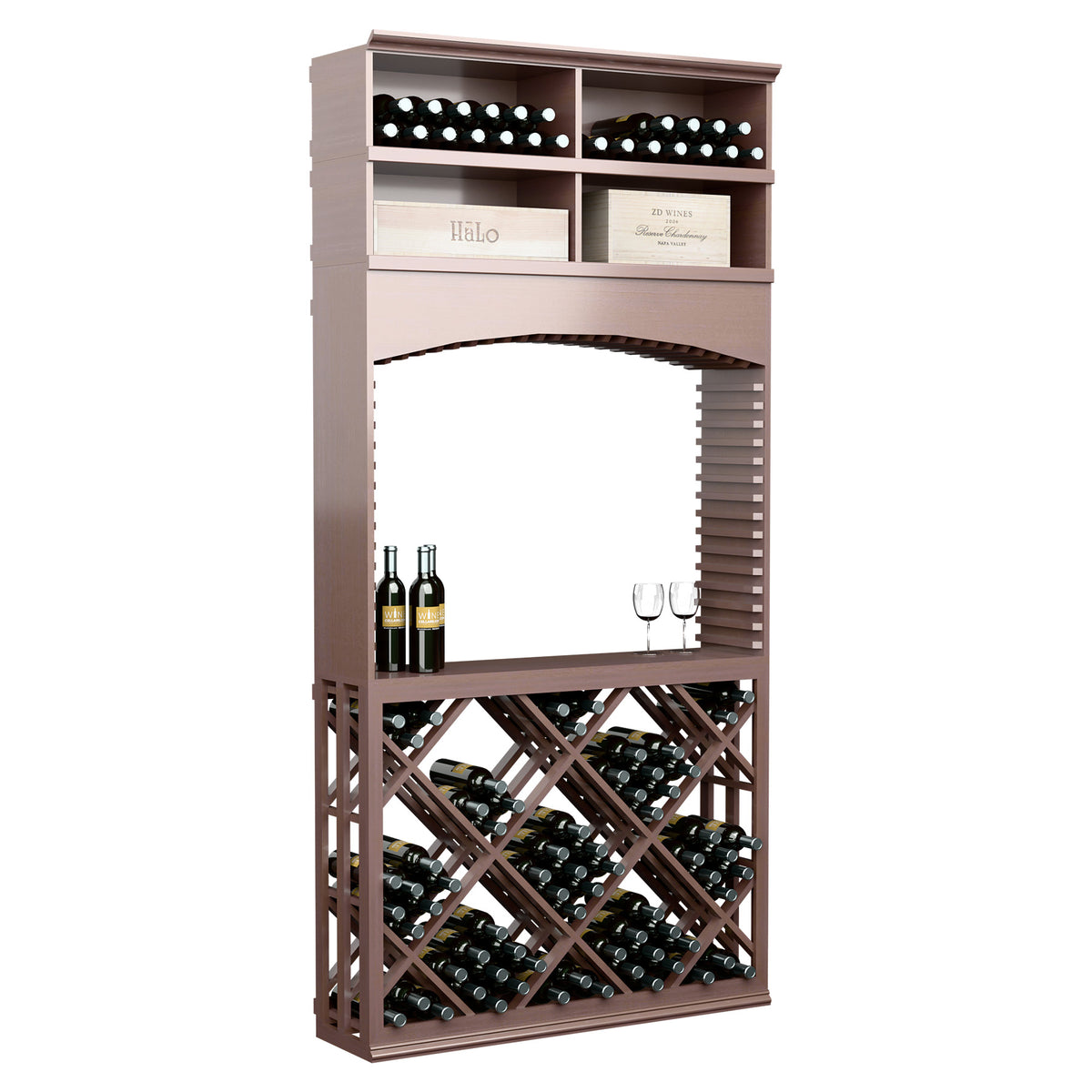 Wine tasting station with arched opening, diamond lattice wine rack and top bottle storage