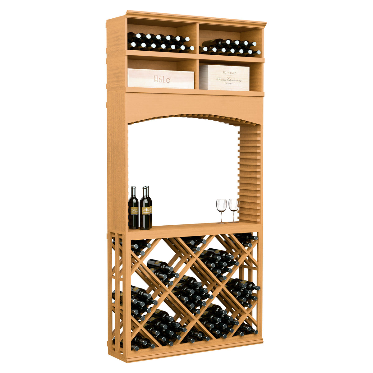 Light wood wine tasting station with archway, diamond lattice wine racks and bottle shelves
