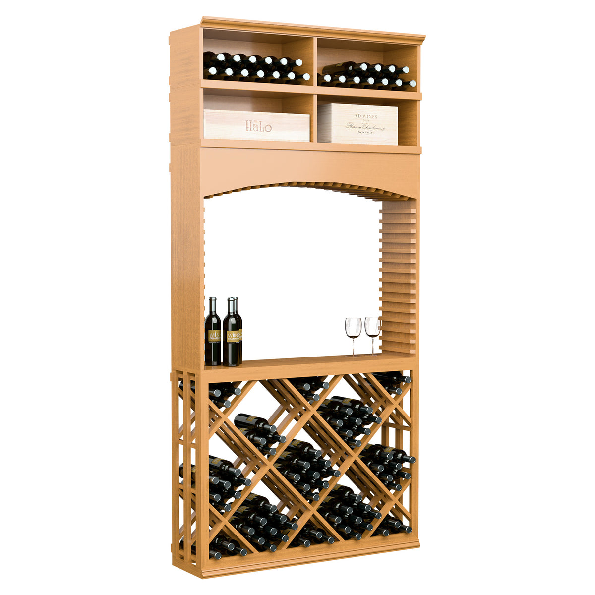 Light wood wine tasting station with arched opening, diamond lattice wine rack and bottle rows