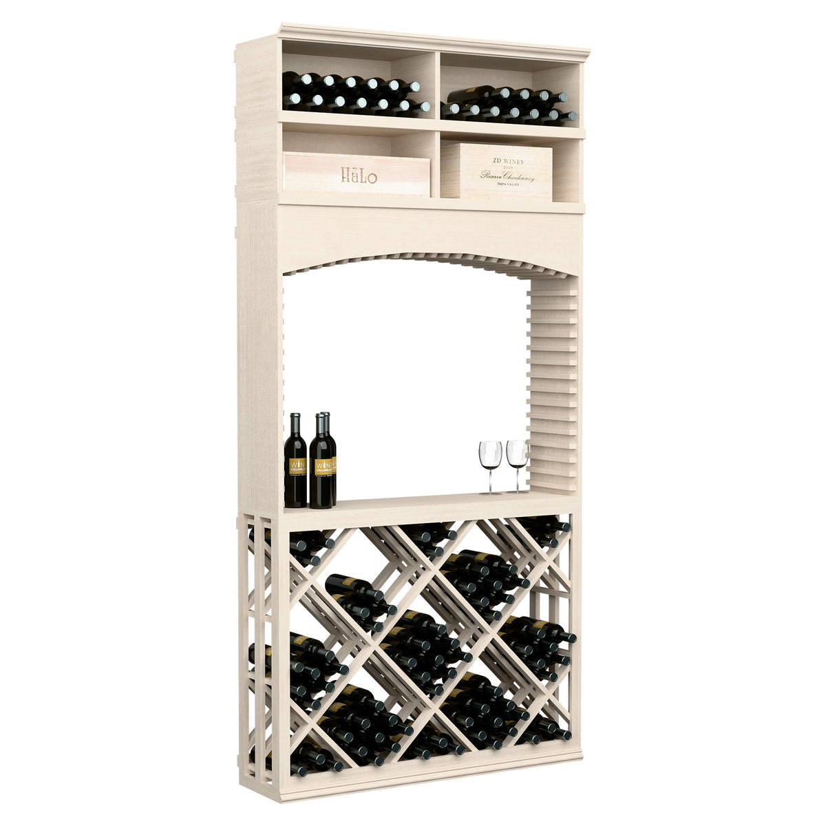 White wine tasting station with archway opening and diamond lattice wine racks for bottles