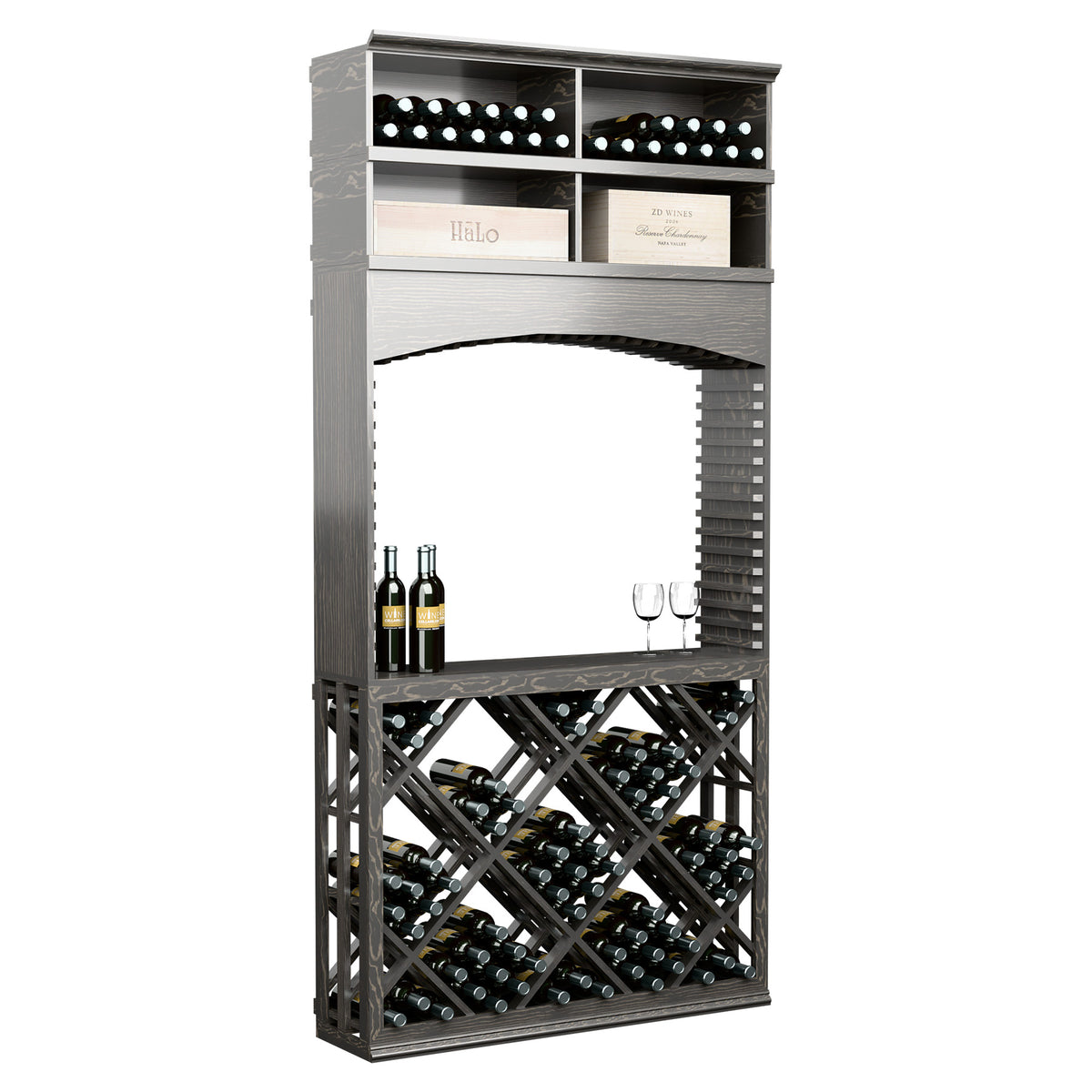 Wine tasting station with lattice arch, stores bottles and glasses, charcoal grey
