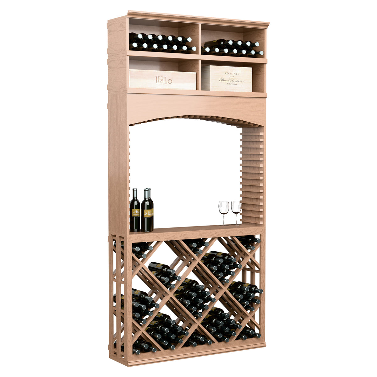 Wine tasting station with lattice arch, stores bottles and glasses, pale beige wood