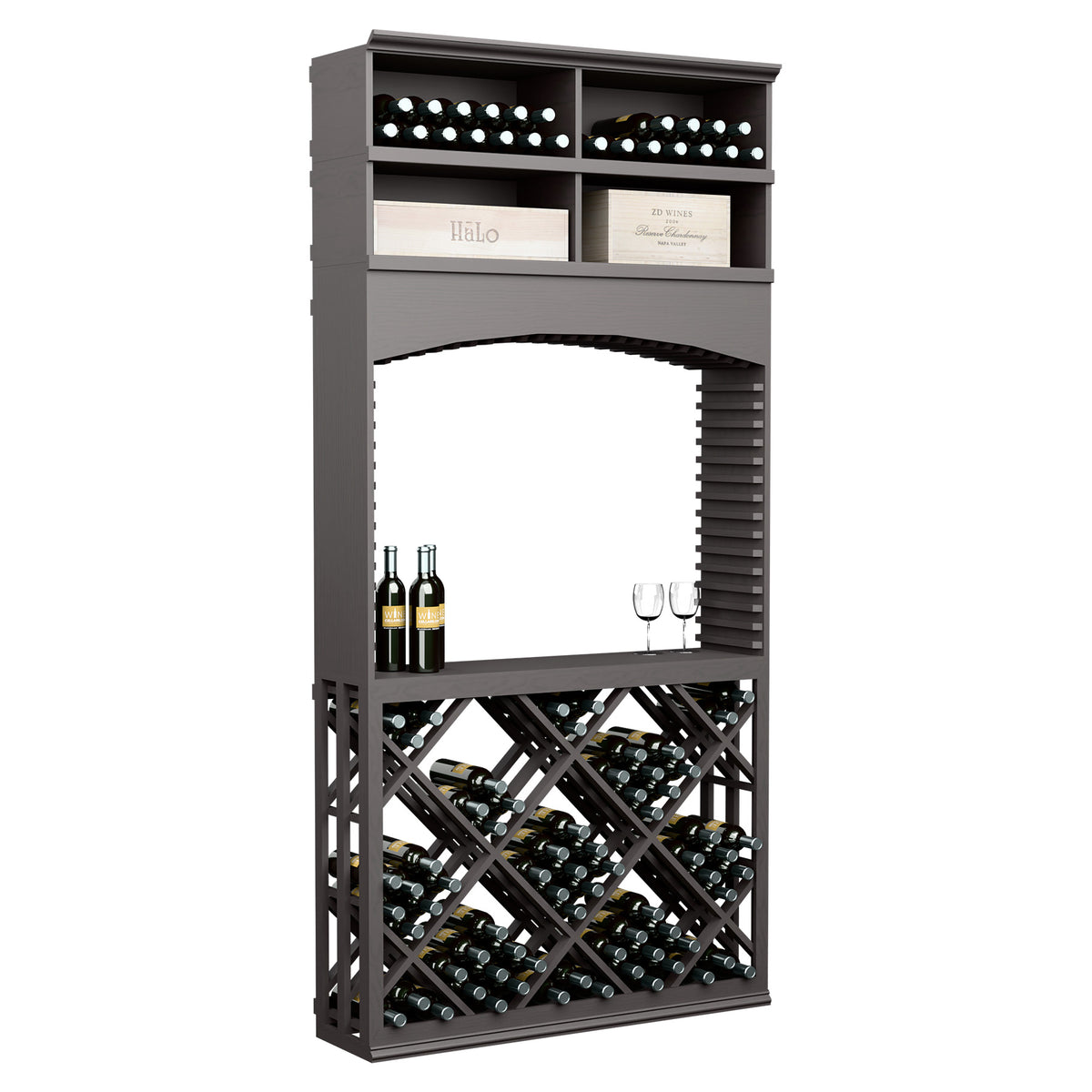 Wine tasting station with lattice arch, stores bottles and glasses, dark grey finish