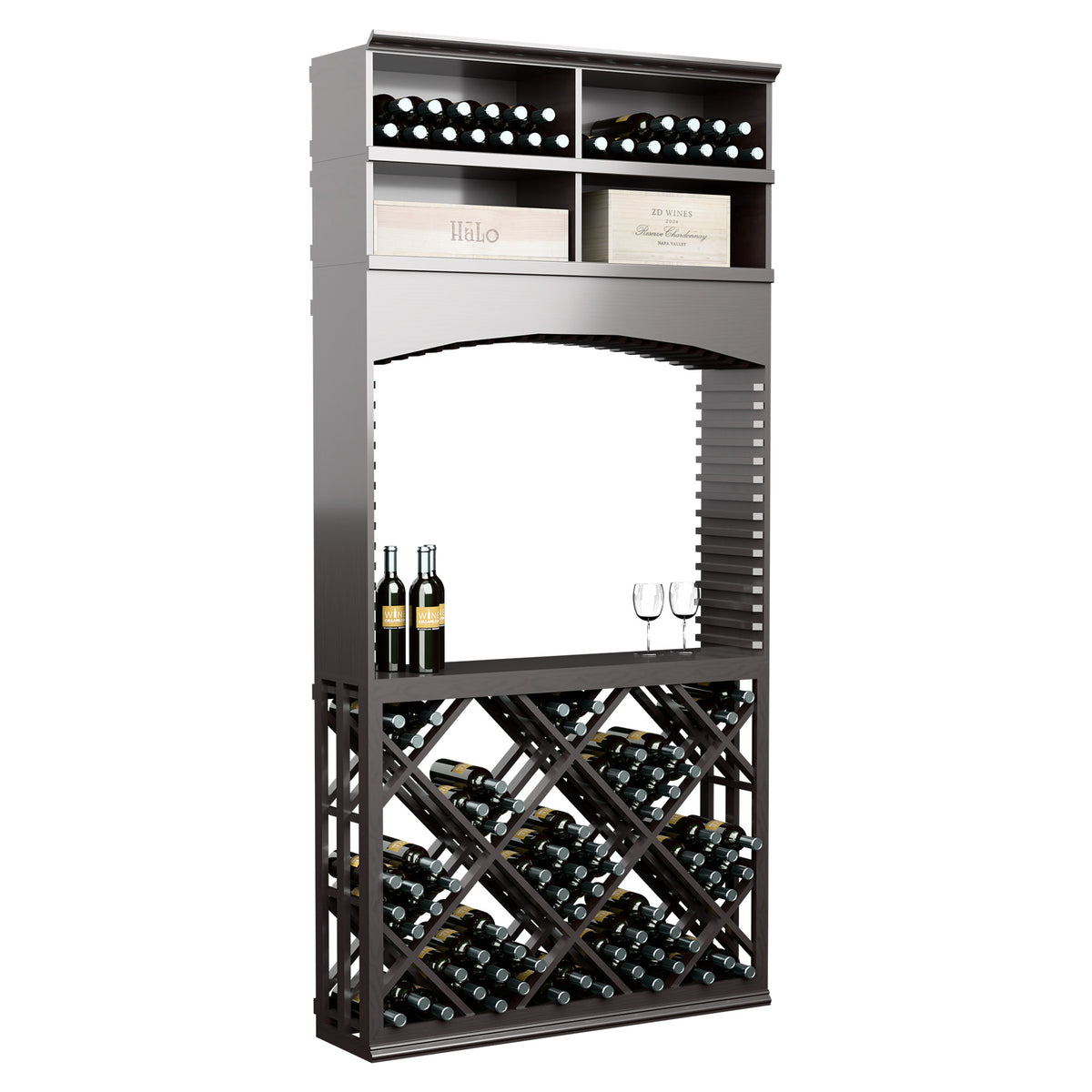 Wine tasting station with lattice arch, stores bottles and glasses, grey wood finish