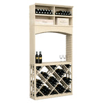 Light wood wine tasting station featuring arch opening, diamond lattice base, wine bottle and glass display.