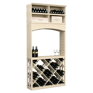 Light wood wine tasting station featuring arch opening, diamond lattice base, wine bottle and glass display.