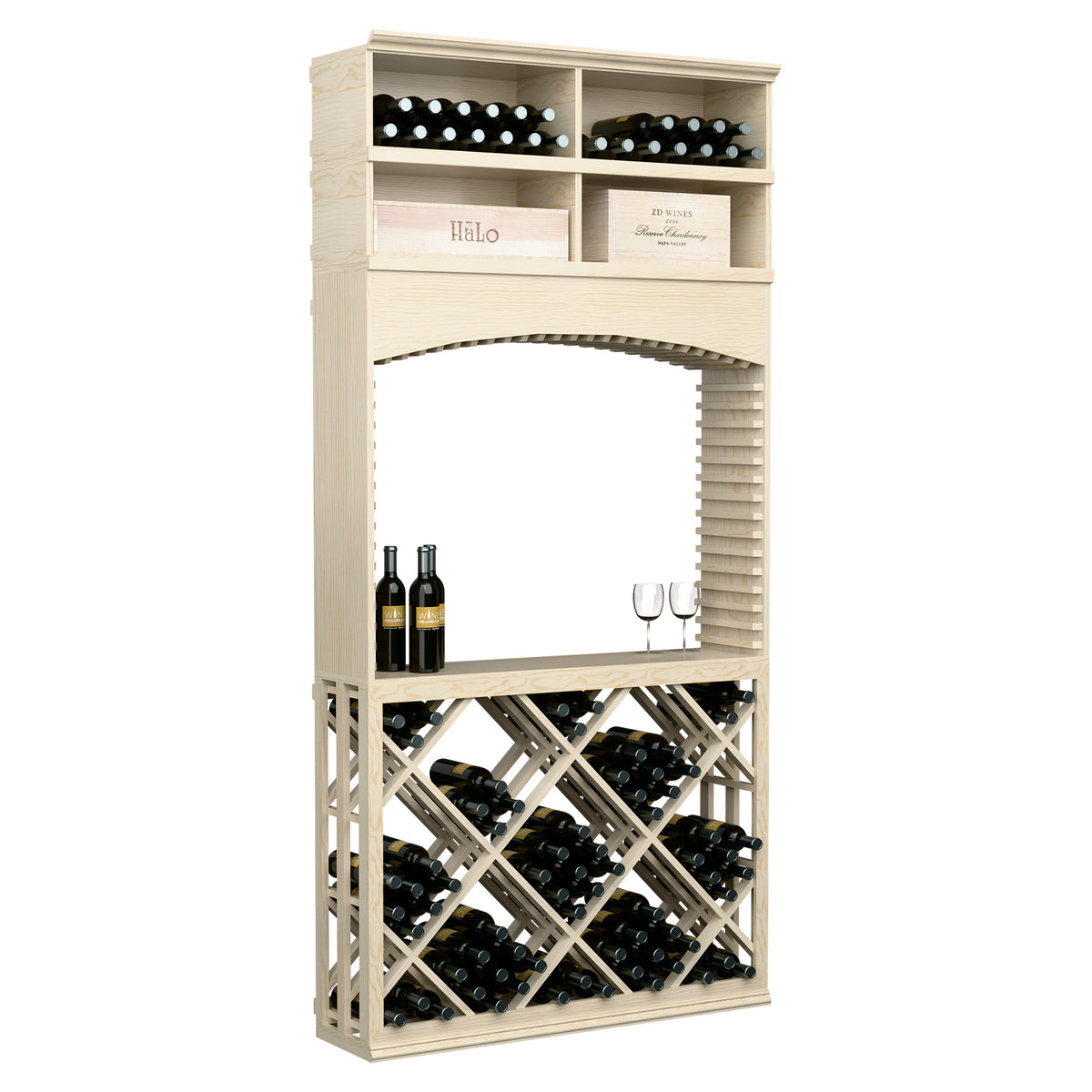 Light wood archway wine station with diamond lattice shelves and bottle storage with two hanging wine glasses.