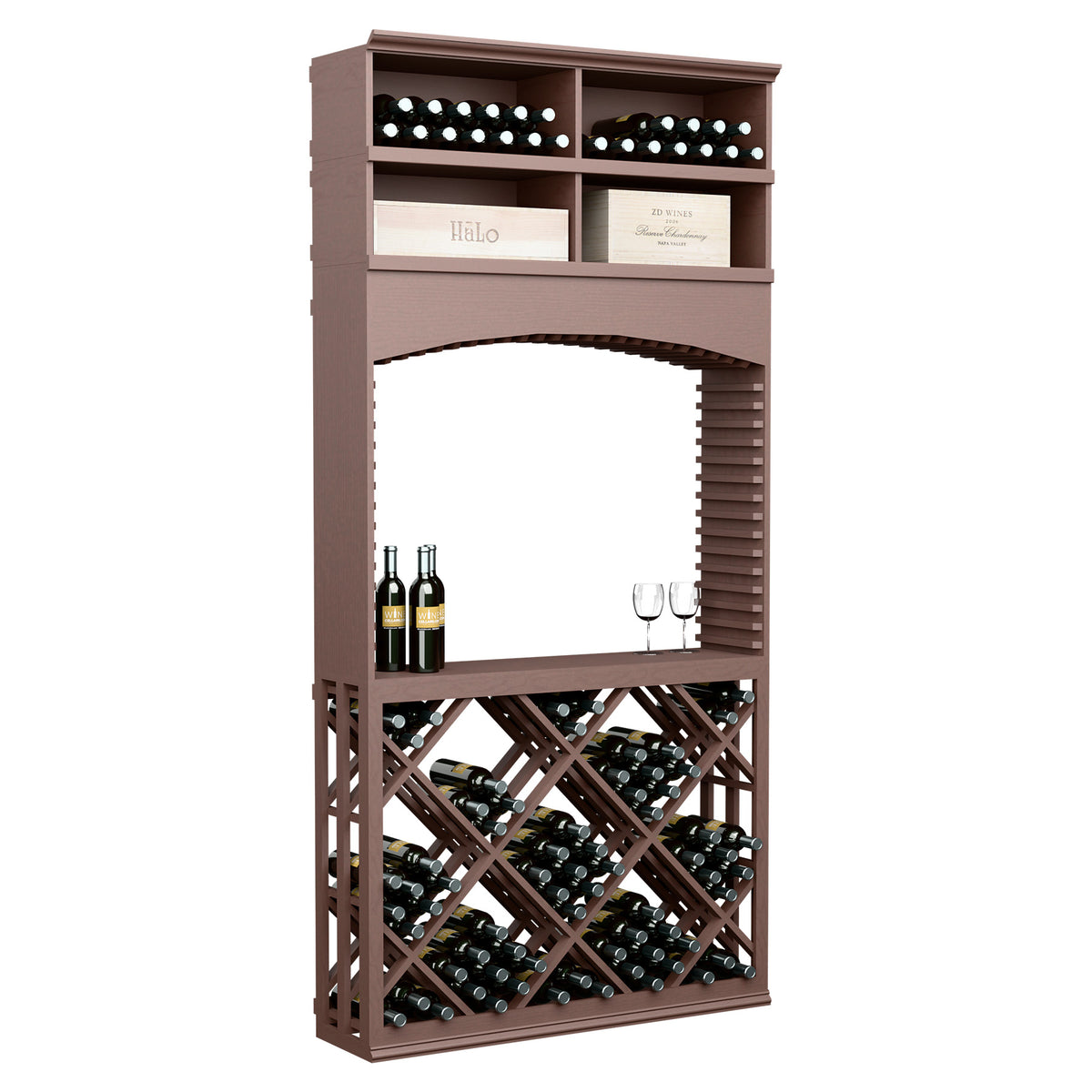 Dark brown wooden wine tasting station with archway, diamond lattice bottle racks, wine bottles and glass.