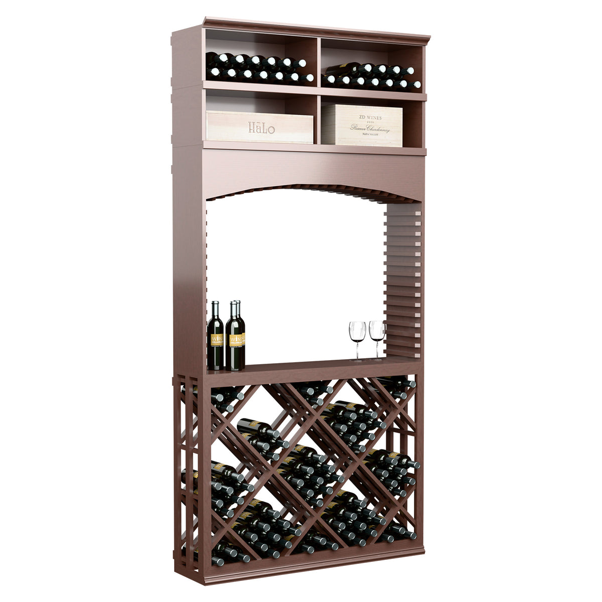 Brown wine tasting station with curved arch, diamond lattice crisscross shelves, bottle and glass display.