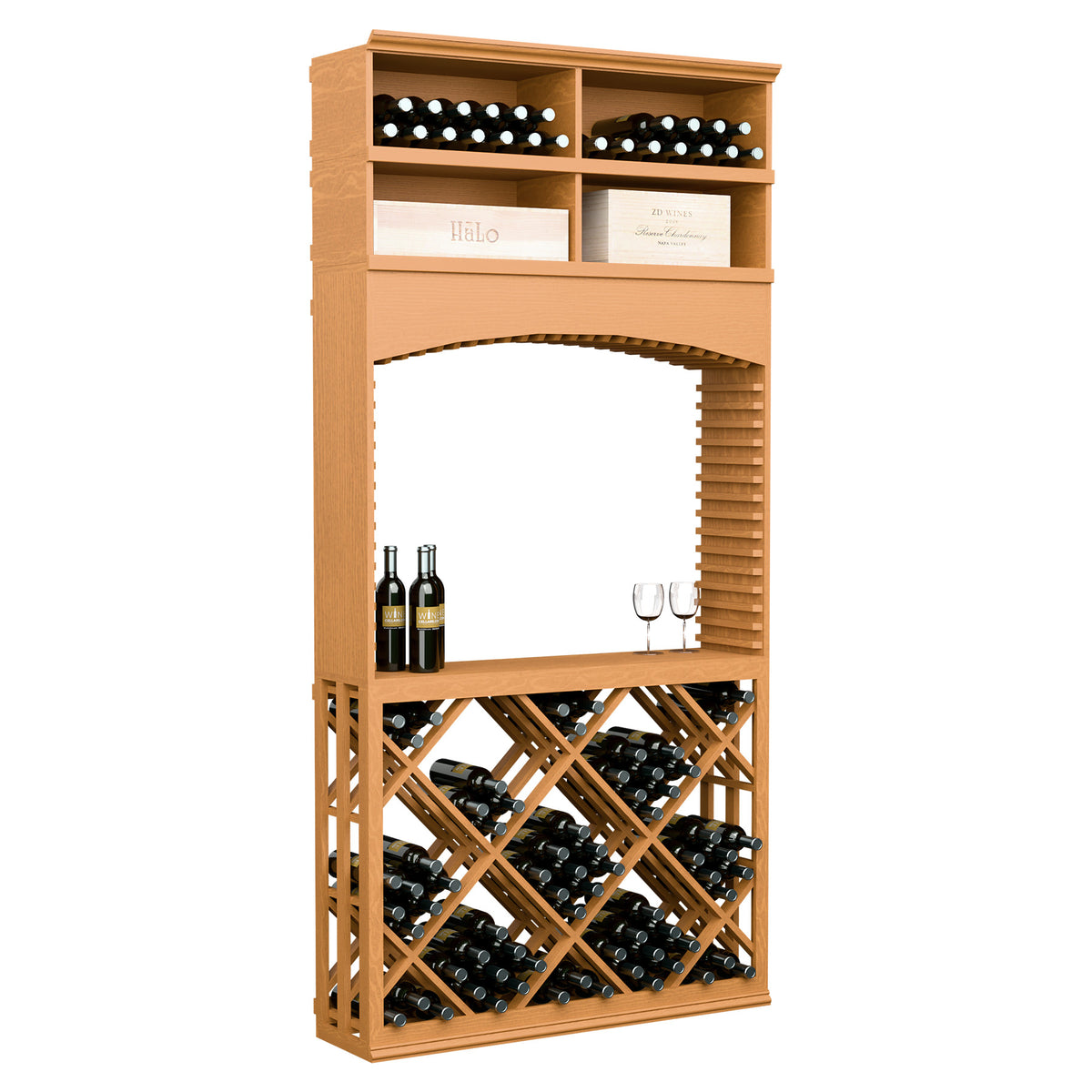 Natural wood wine tasting station with archway, diamond lattice wine rack, top bottle row and glass holders.