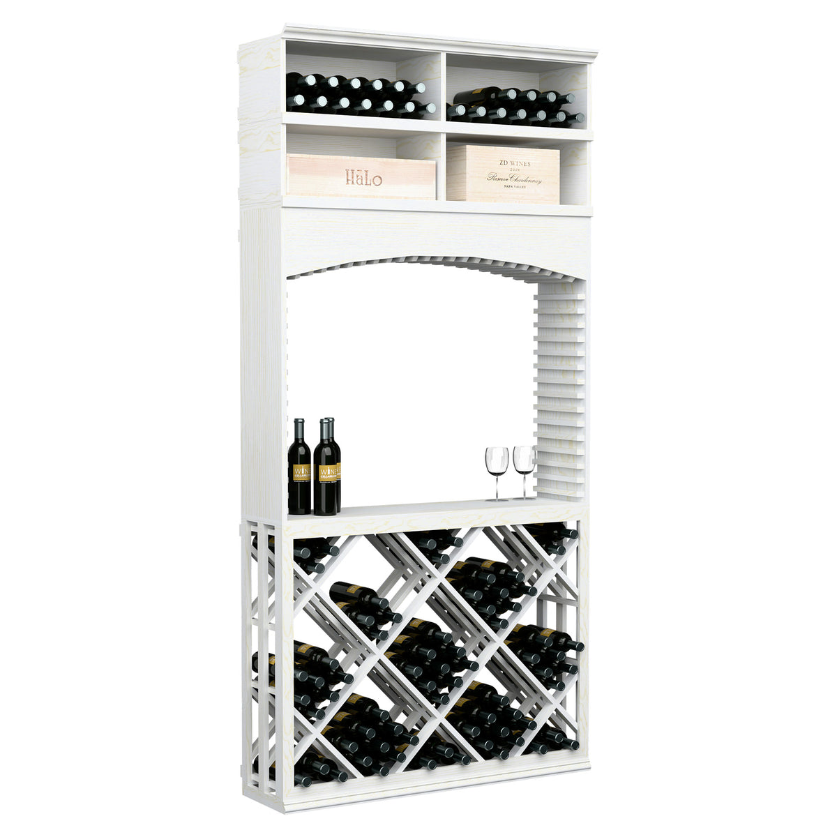 White wine tasting station with arch opening, diamond lattice bottom rack, and upper wine bottle shelf.