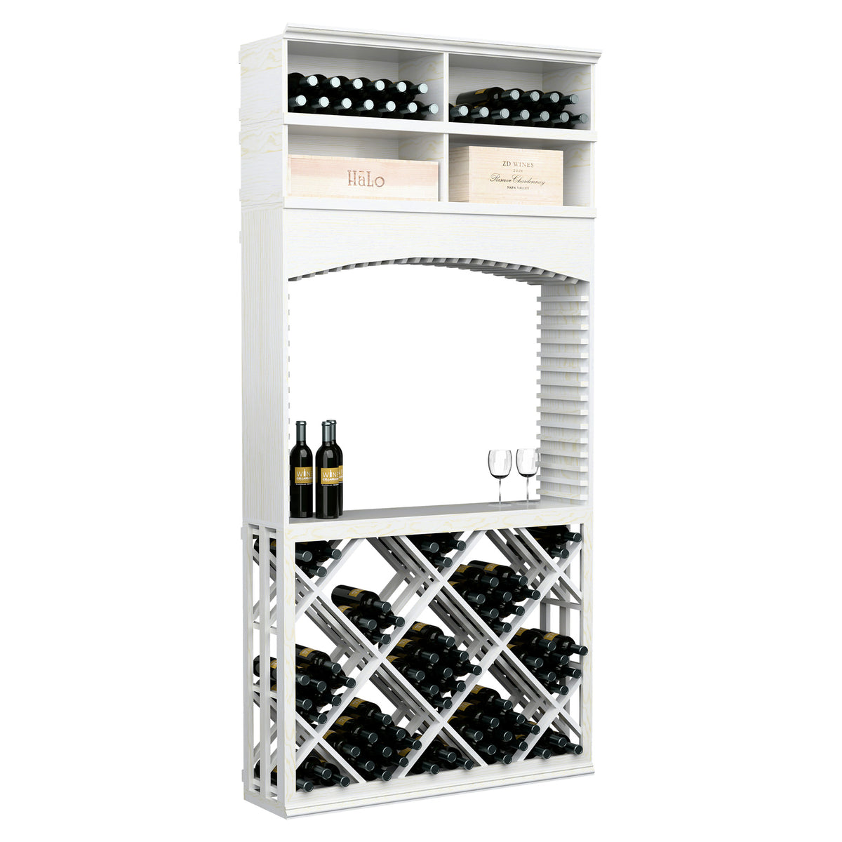 White wooden archway wine display with diamond lattice shelving, wine bottles, and two stemmed glasses.