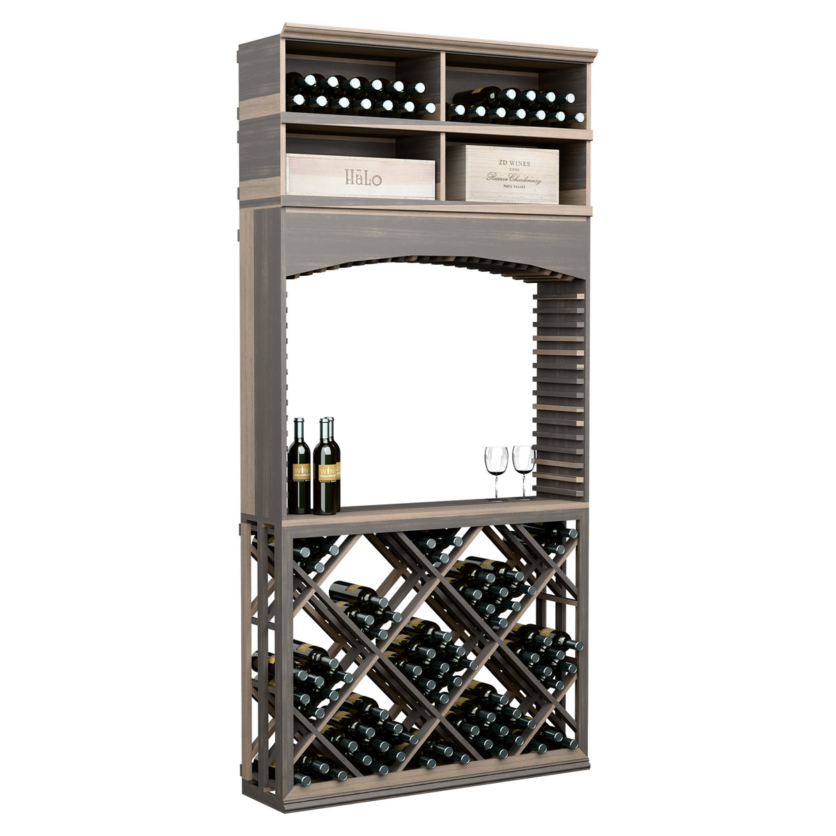 Gray lattice wine storage cabinet with archway, bottle bins, and diamond crisscross rack