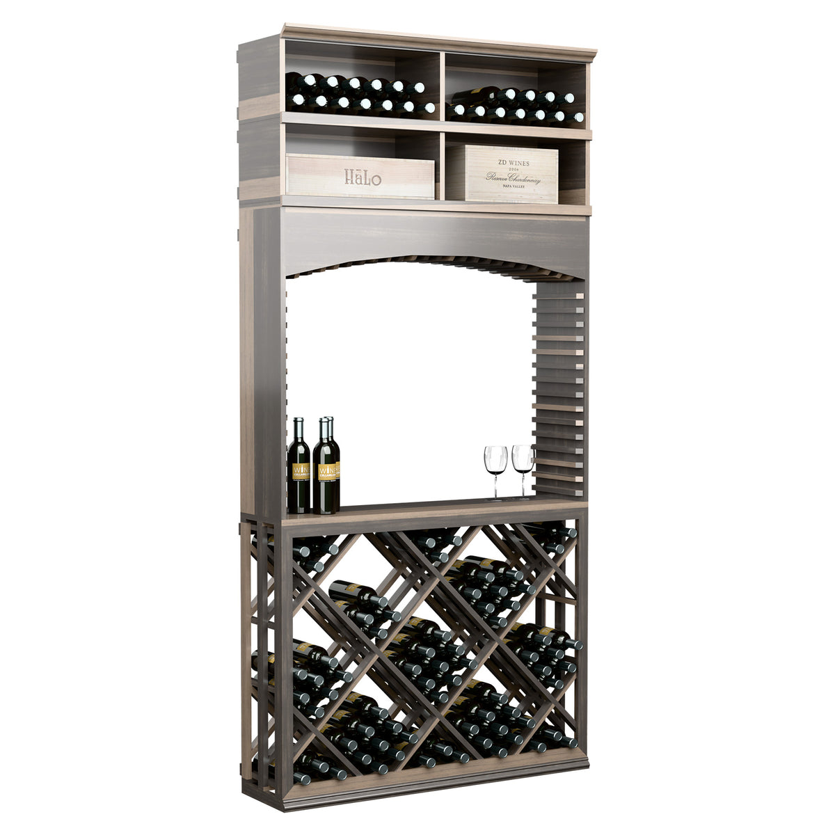 Gray lattice wine tasting station with archway, top bottle cubbies, and diamond bin racks