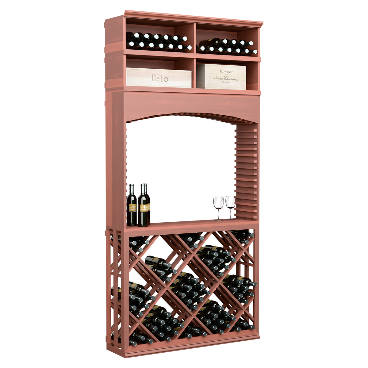 Red-brown lattice wine storage cabinet with archway, bottle bins, and diamond crisscross rack