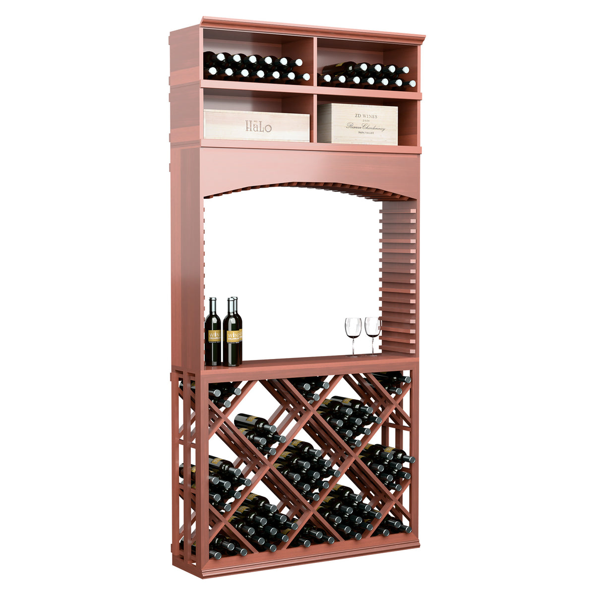 Red-brown lattice wine tasting cabinet with archway, top bottle cubbies, and diamond rack