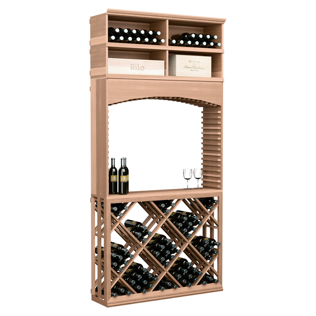 Light wood lattice wine storage cabinet with archway, bottle bins, and diamond crisscross rack