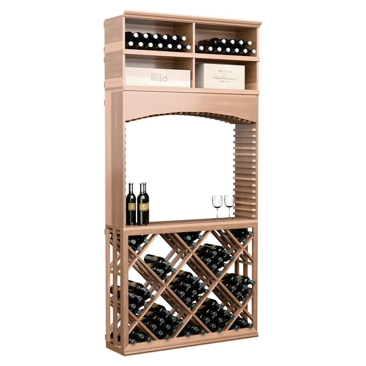 Light wood lattice wine tasting station with archway, top bottle cubbies, and diamond bin rack