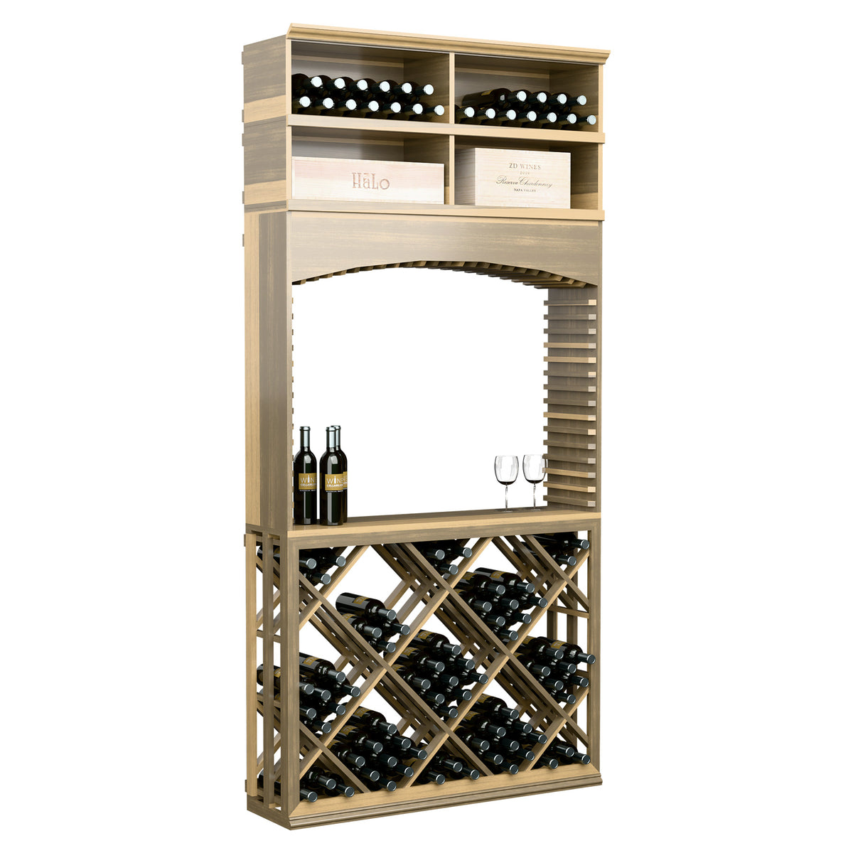 Natural wood lattice wine tasting cabinet with archway, top bottle cubbies, and diamond rack