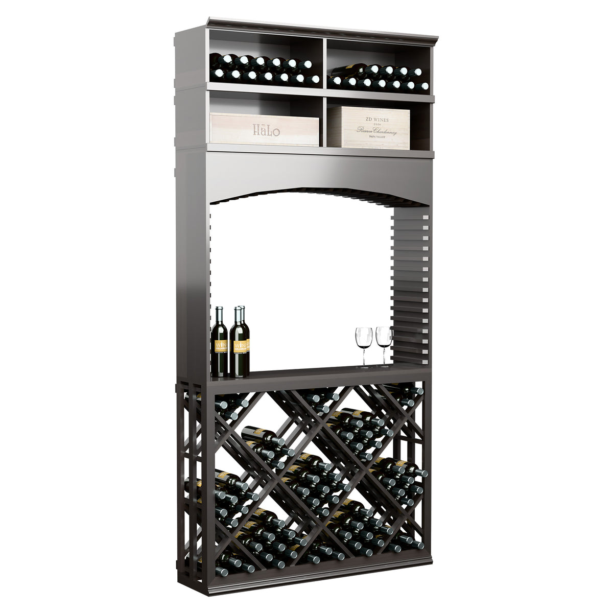 Dark gray lattice wine tasting station with archway, top bottle cubbies, and diamond rack