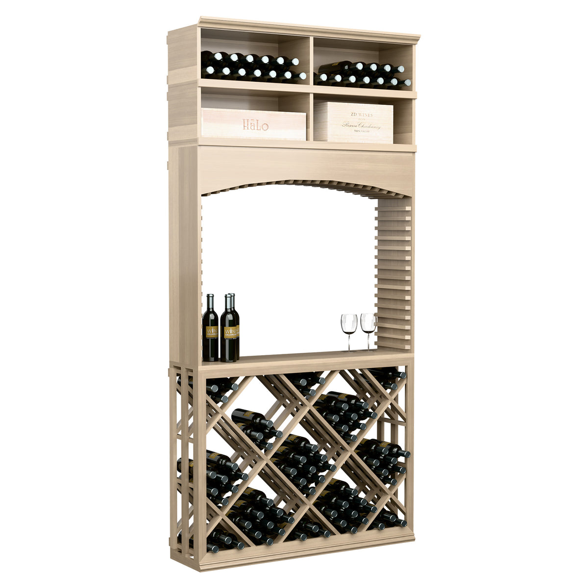 Light wood wine tasting station with arch top, diamond lattice bottle racks, top wine shelves