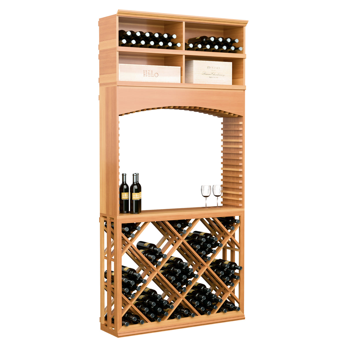 Warm wood wine tasting station with arch top, diamond lattice bottle racks, top wine shelves