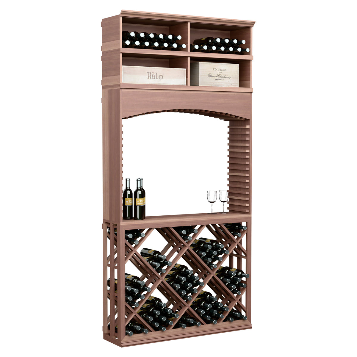 Medium wood wine tasting station with arch top, diamond lattice bottle racks, top wine shelves