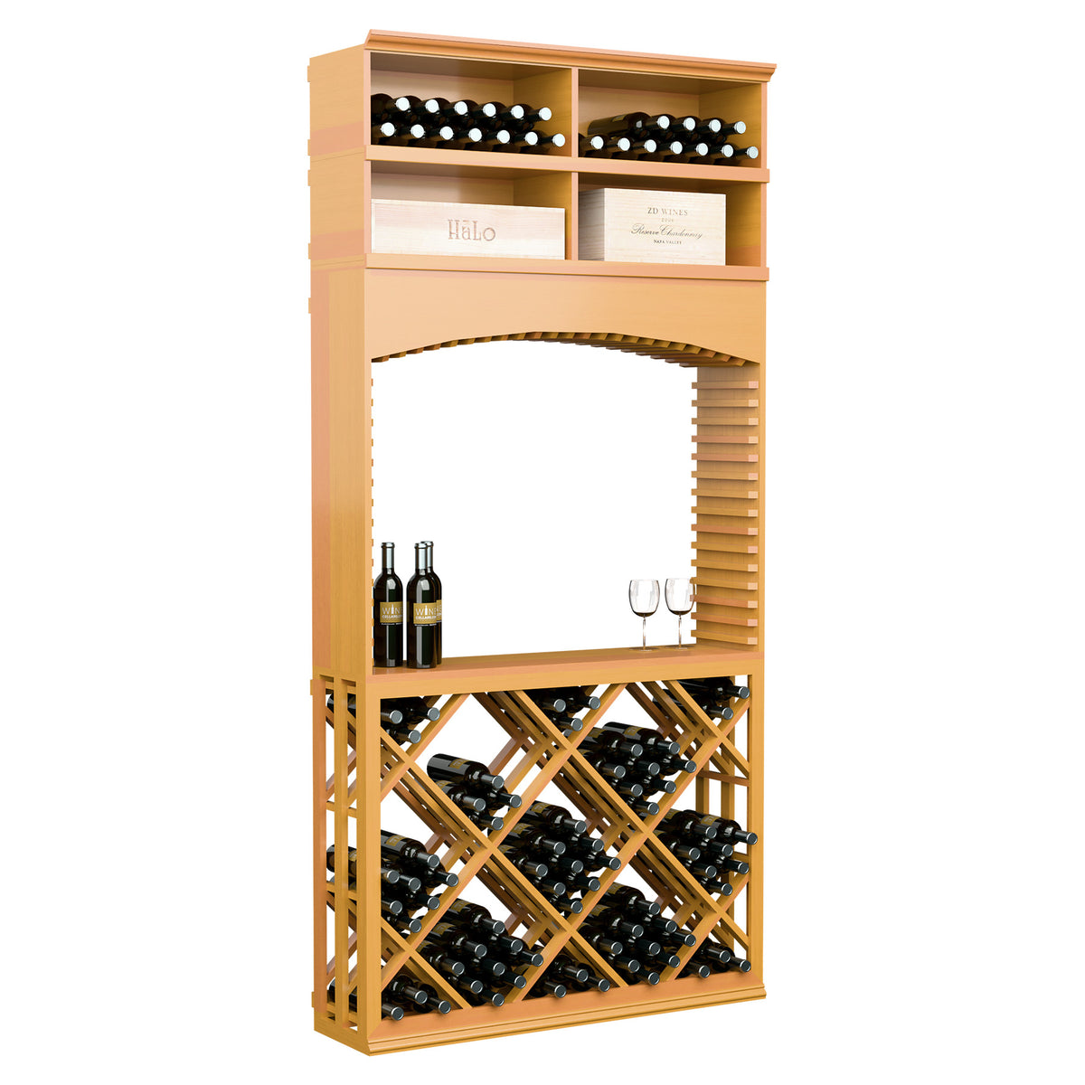 Honey wood wine tasting station with arch top, diamond lattice bottle racks, top wine shelves