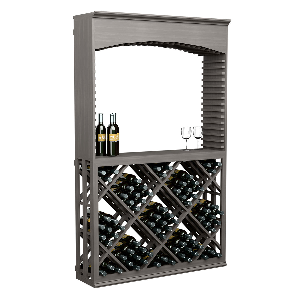 Wine tasting station with archway, lattice diamond bottle rack, and two wine bottles