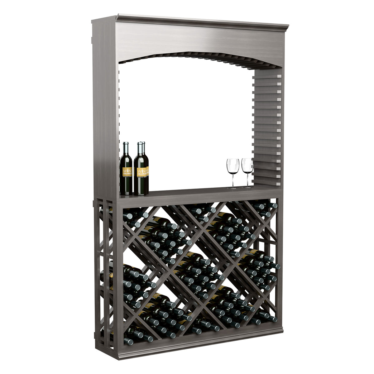 Wine tasting station with archway and lattice diamond wine bottle display