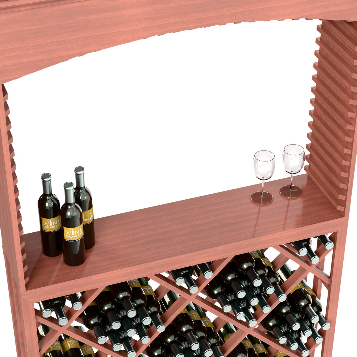Reddish wine tasting station interior with bottle rack and two stemmed wine glasses