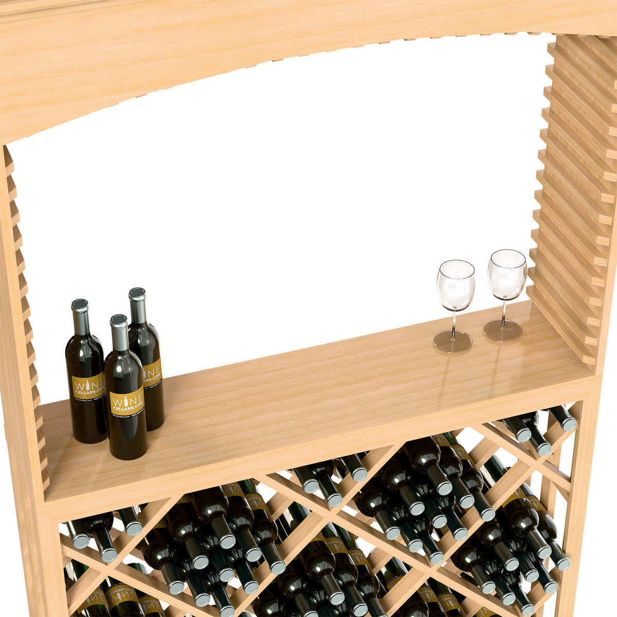 Light wood wine tasting station interior with bottles, two wine glasses, and rack