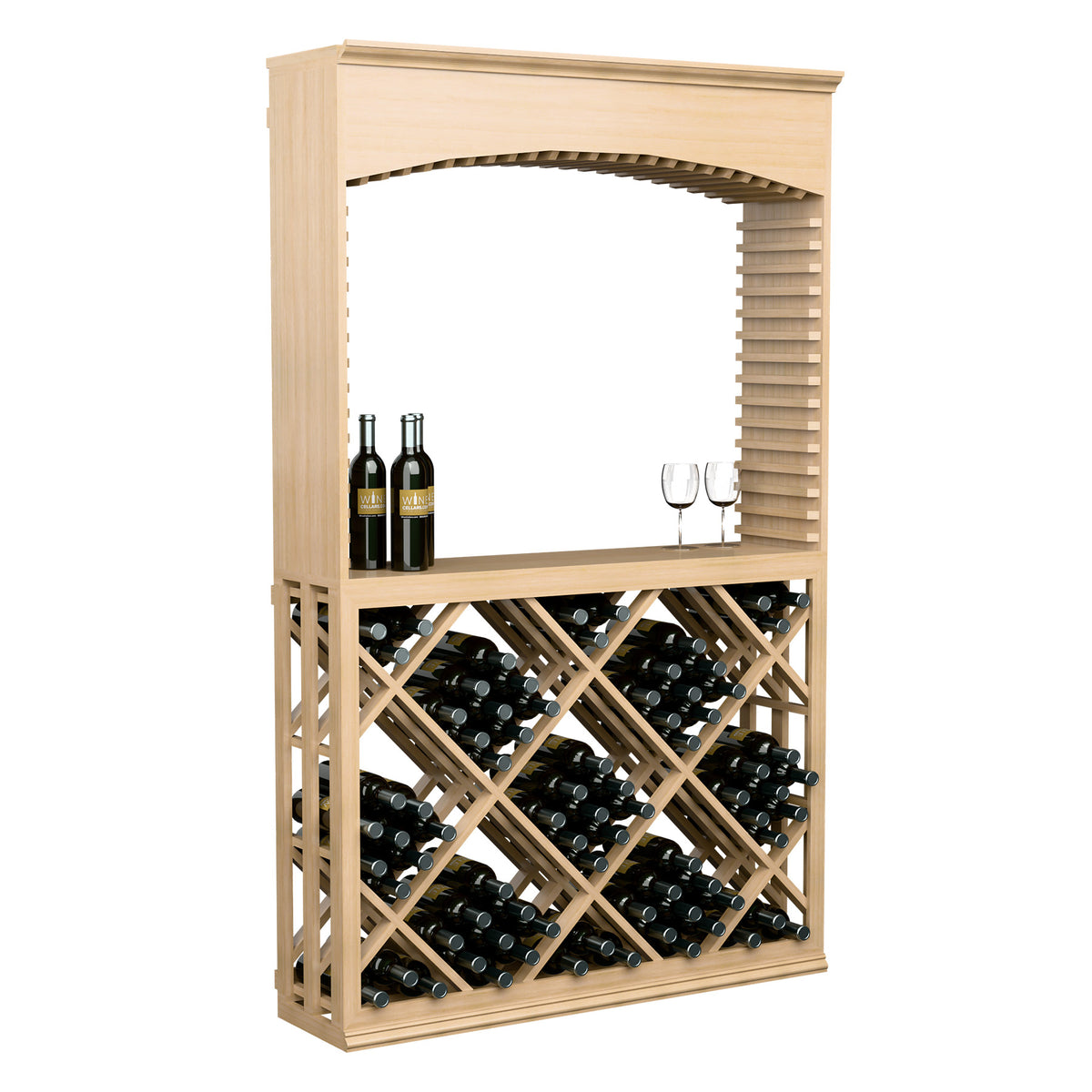Wood wine tasting station with archway, lattice diamond bottle storage and serving shelf