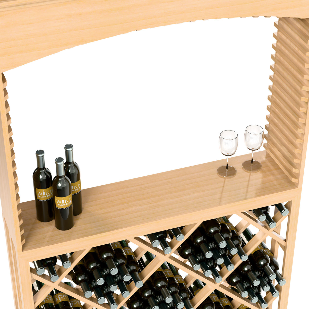Archway wine tasting station with serving shelf, glasses, and wine bottle rack