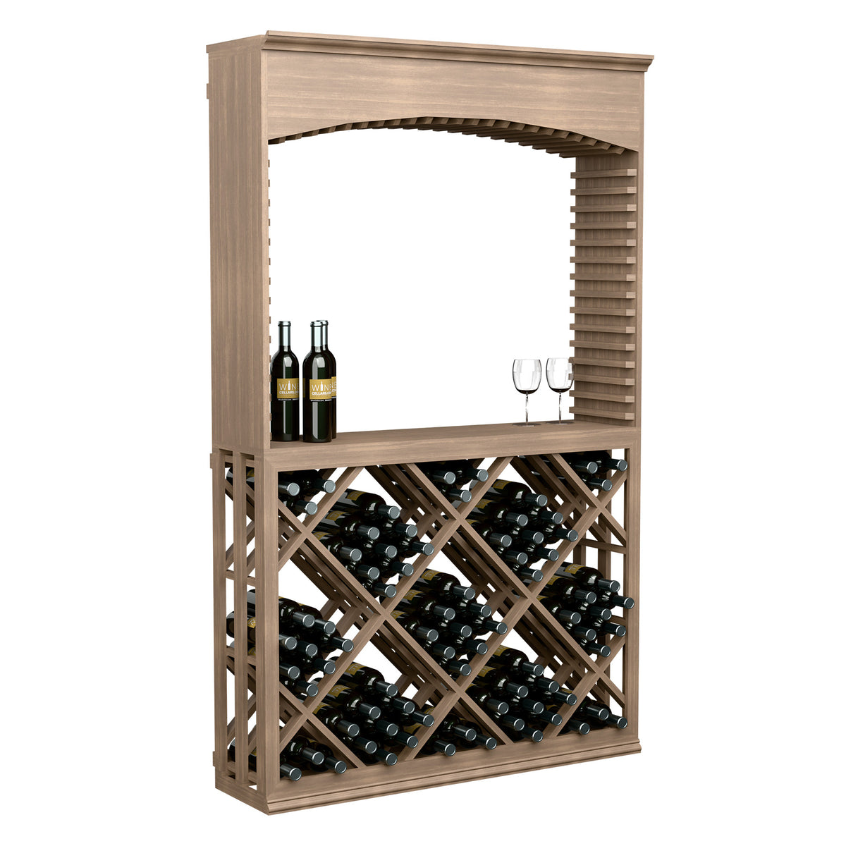 Wood wine tasting station with arched top and lattice diamond wine bottle storage