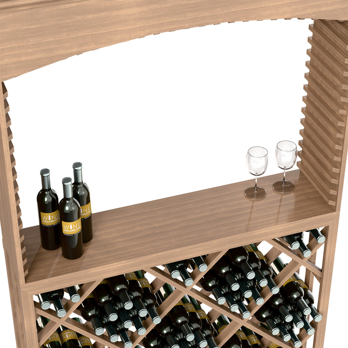 Wine tasting station showing serving shelf with glasses and lattice bottle storage