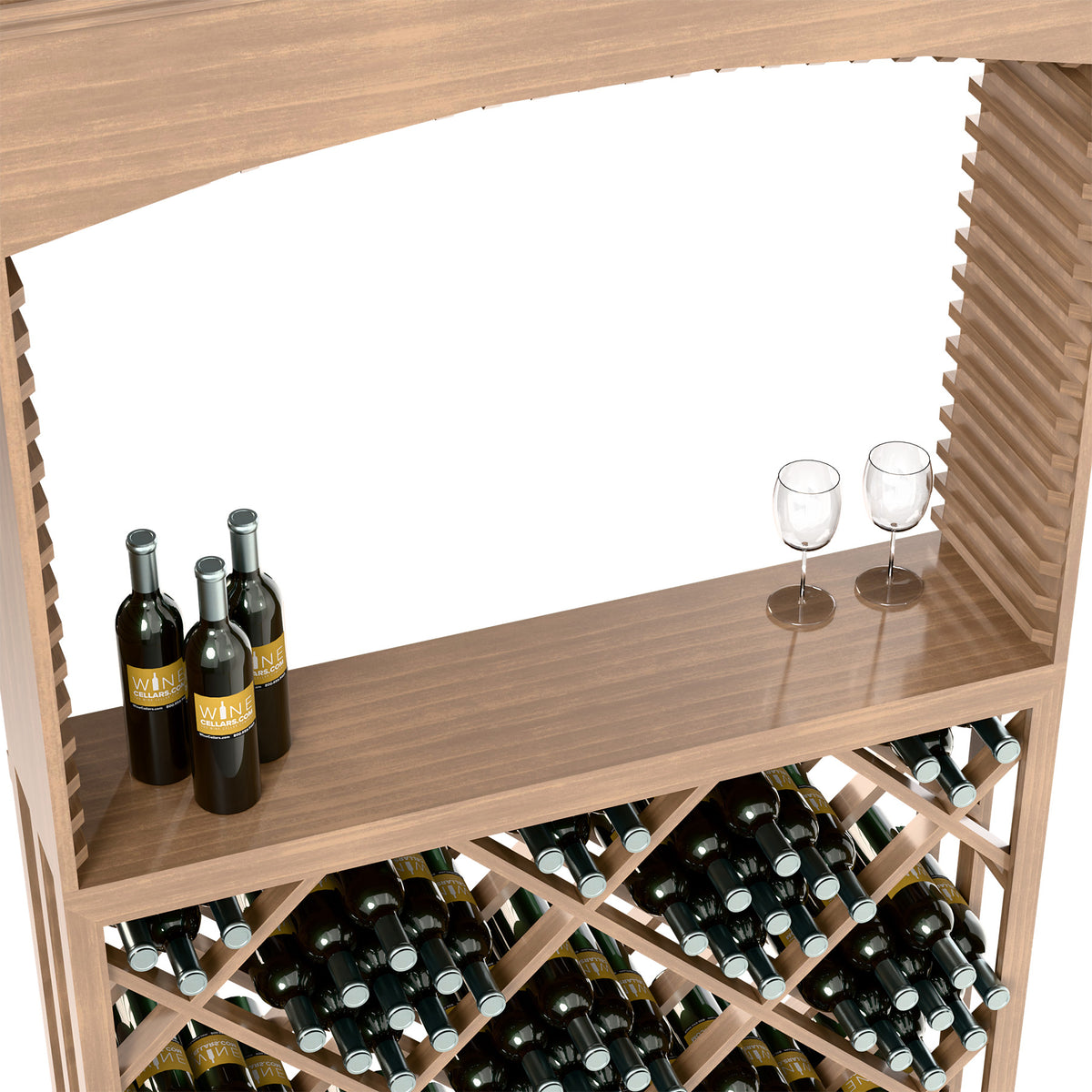 Archway wine storage station with serving shelf, glasses, and front bottle display