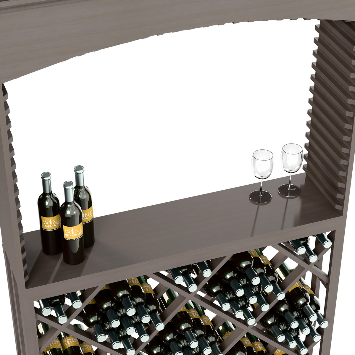 Dark wood archway wine station with serving shelf, glasses, and bottle rack
