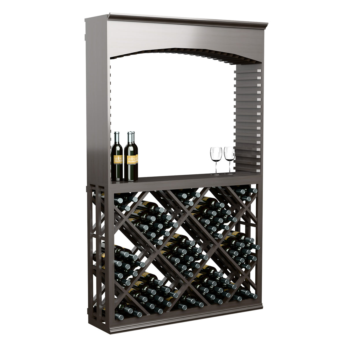 Dark wood wine storage and serving station with arched top and lattice diamond rack