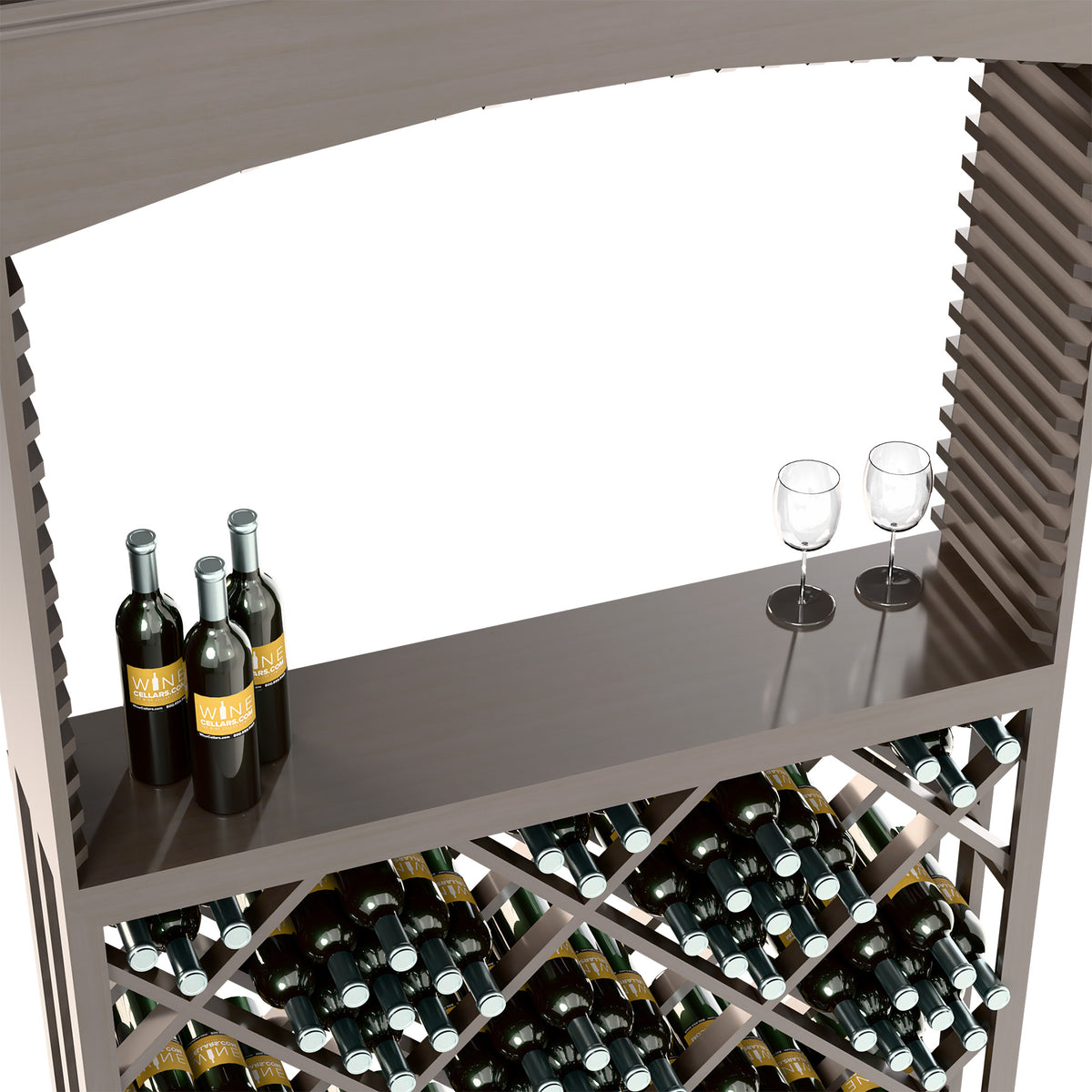 Dark wood archway wine station with glasses on shelf and lattice bottle storage