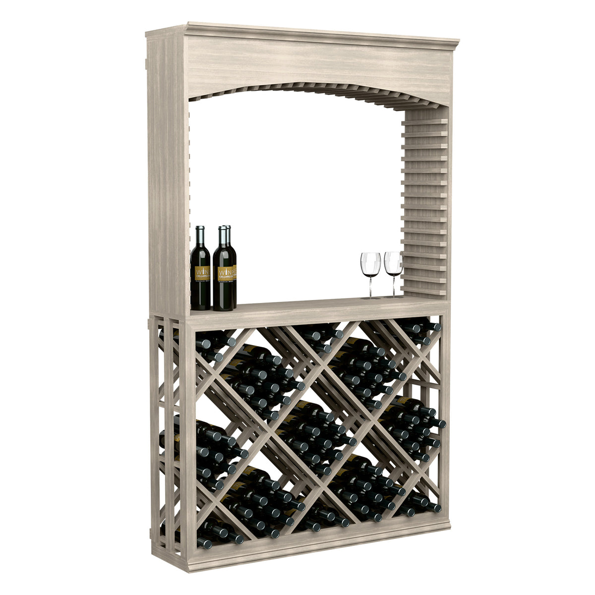Wood wine tasting station with arched top, lattice diamond front, black bottles and glasses