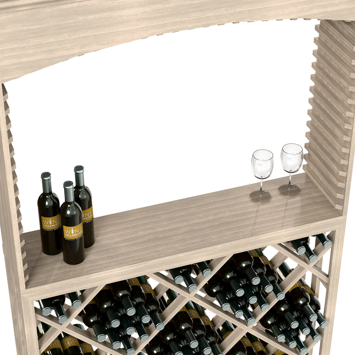 Wood wine tasting station interior with shelf bottles, stemware, and diamond bottle rack