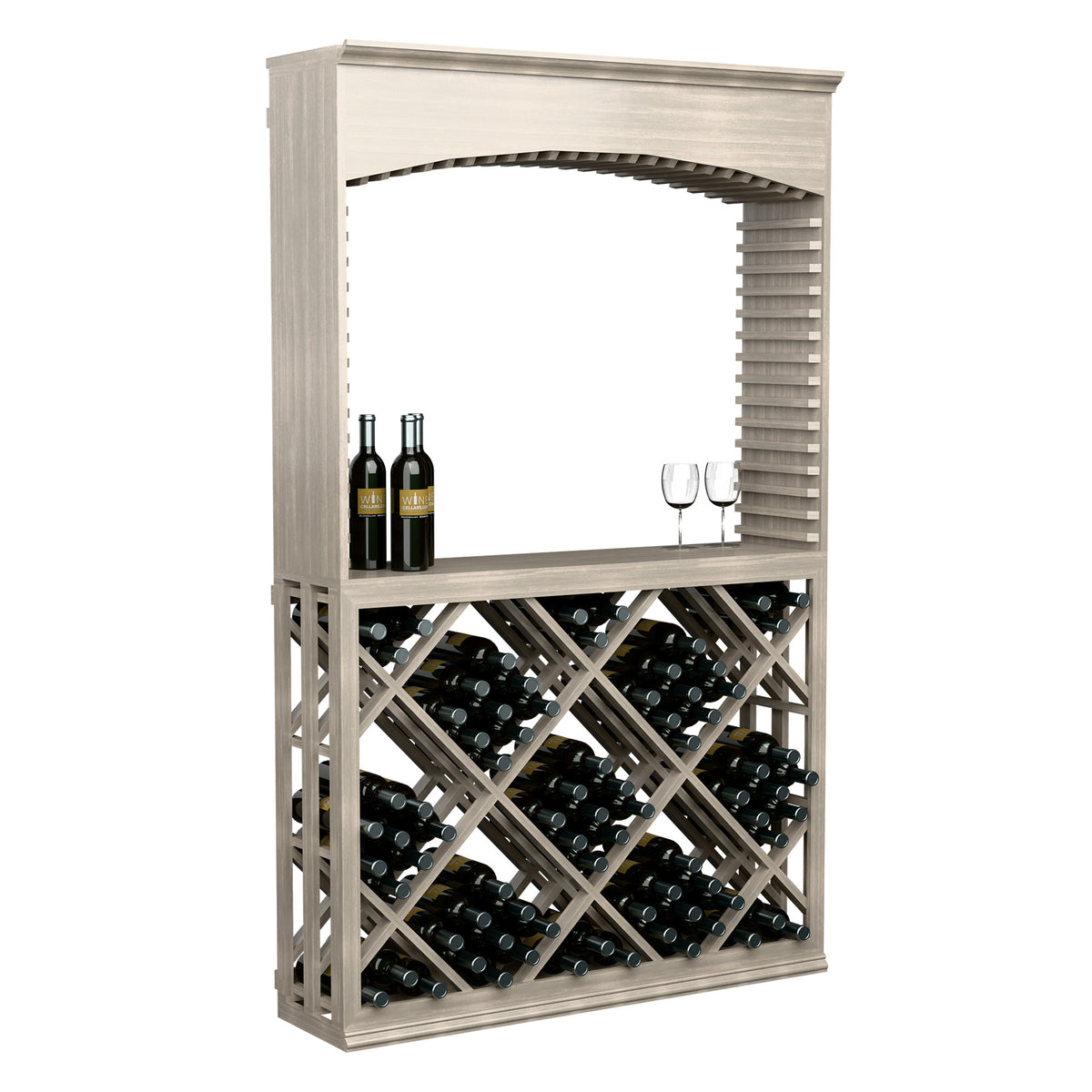 Wood wine tasting station with arched top, lattice diamond front, bottle slots and glassware
