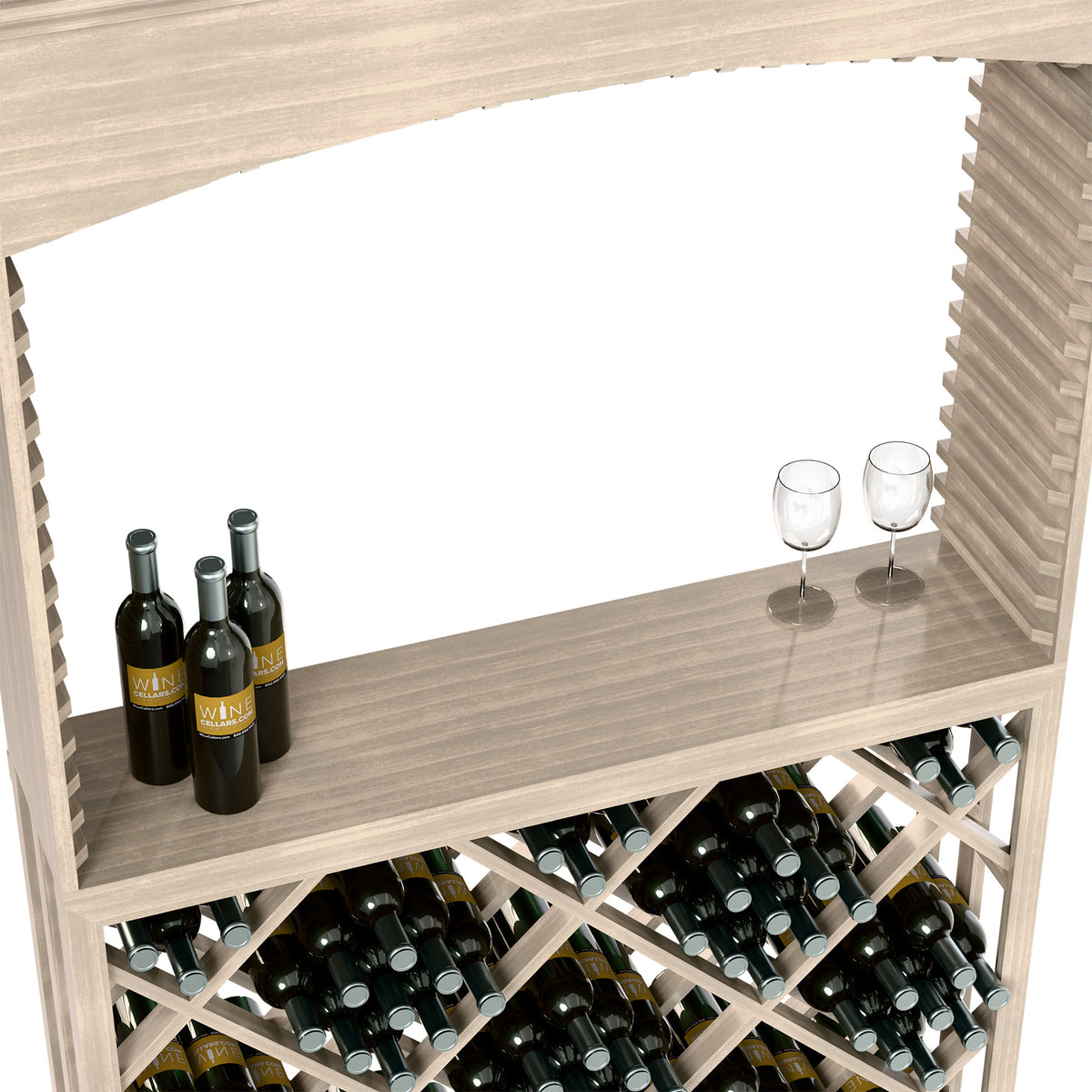 Wood wine tasting station interior view with bottles on shelf and diamond wine bottle storage