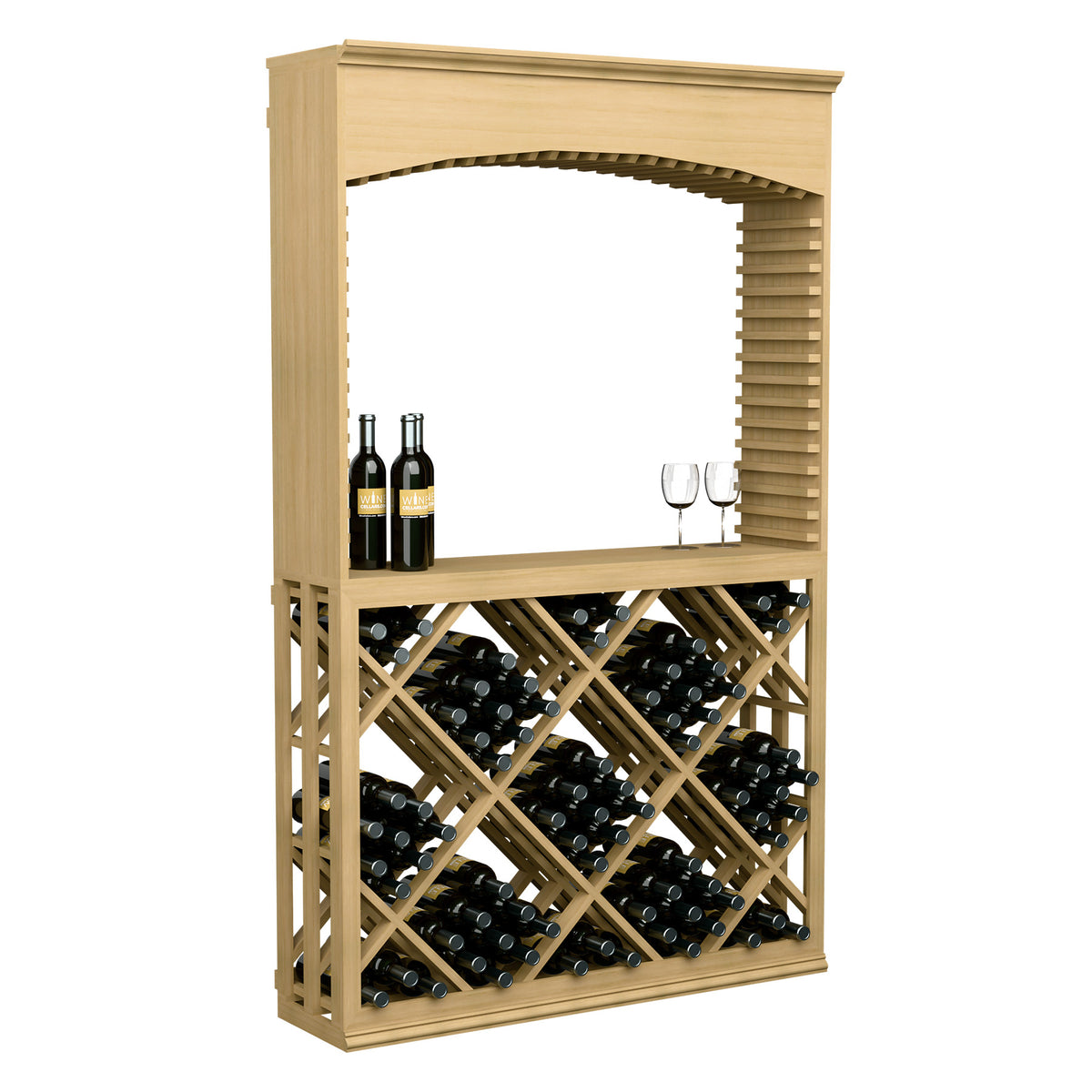 Light wood wine tasting station with arched top, lattice diamond front, wine bottles and glasses